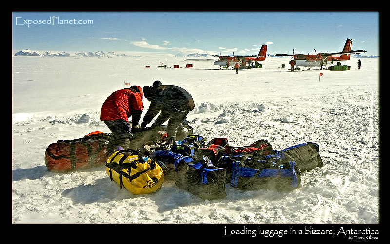 Organizing gear in a blizzard in Patriot Hills, Antarctica