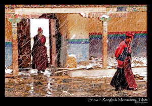 Monks in Tibetan Rongbuk Monastery during a snowstorm